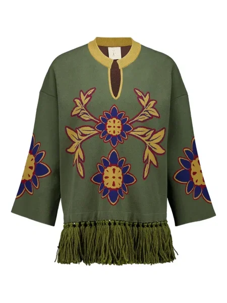 Tunika Paula z frędzli w kwiatki zielona