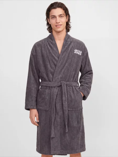 JACK & JONES Dlhý župan JACSOLID tmavosivá biela