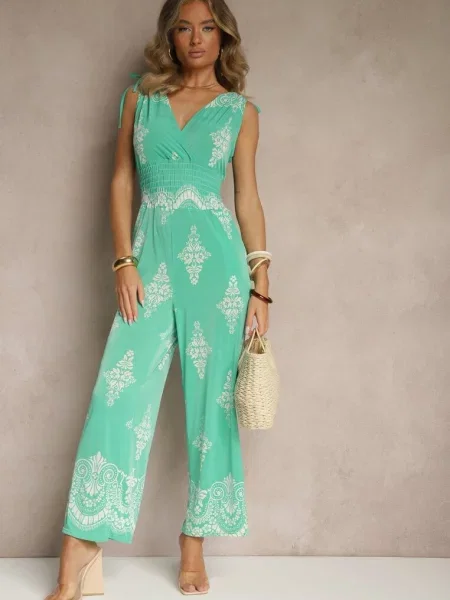 Kombinezon z Dekoltem w Kształcie Litery V Zdobiony Etnicznym Printem Izlina zielony