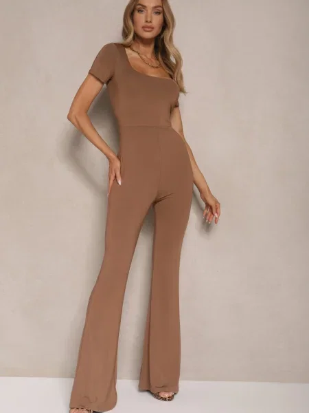 Kombinezon z Wiskozą z Krótkim Rękawem i Nogawkami Flare Calhira brązowy