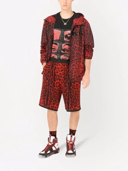 Raštuotas striukė Dolce & Gabbana su gobtuvu leopardinis raudona