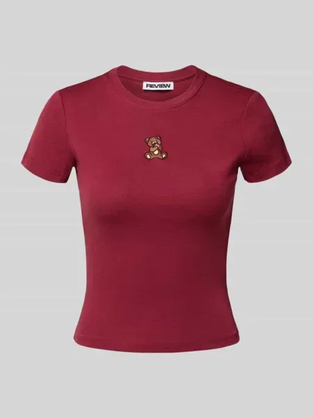 T-shirt z wyhaftowanym motywem i okrągłym dekoltem Review bordowa