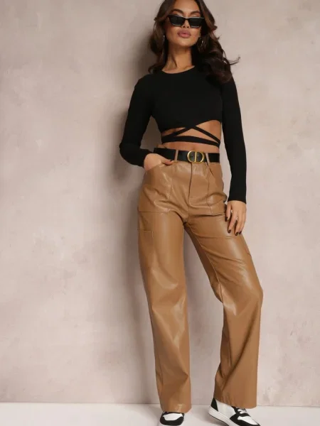 Închis Pantaloni din imitație de piele largi Narash bej