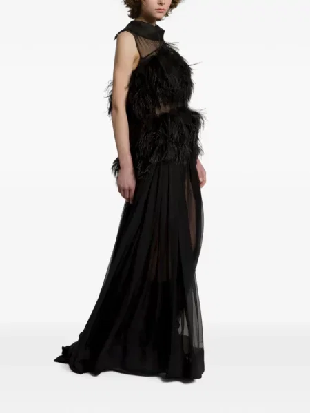 Rochie maxi Alberta Ferretti de mătase cu pene negru