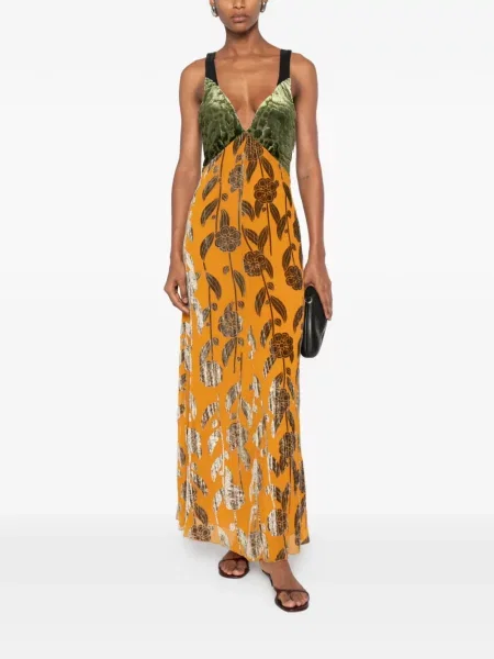Gėlėtas maxi suknele Forte_forte velvetinis oranžinė