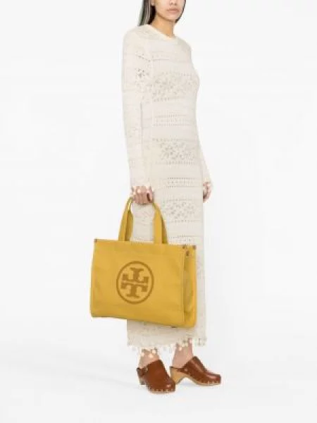 Geantă shopper Tory Burch cu autograf galben