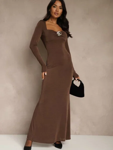 Taliowana Sukienka Koktajlowa Lonsgleeve z Elegancką Aplikacją Idirena brązowa