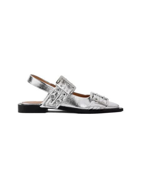 GANNI baleriny Feminine Buckle Ballerina Metallic srebrny z odkrytą piętą szare