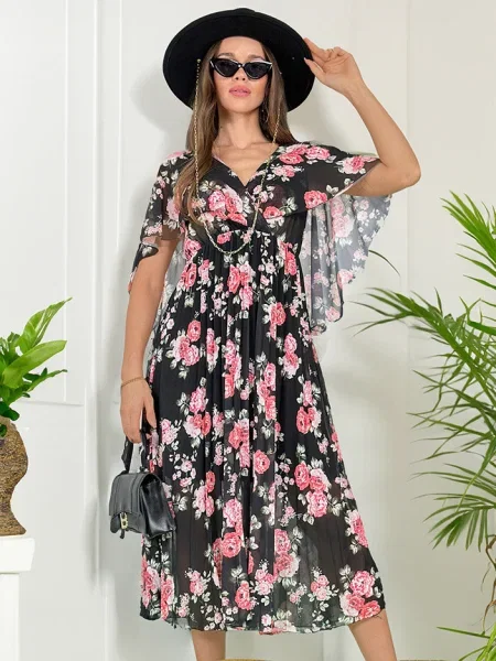 Rochie midi Resti cu model floral plisată până la genunchi negru