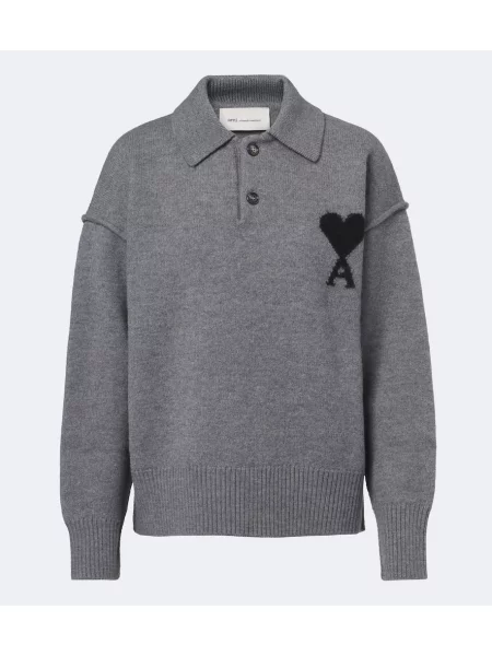 Tricou polo Ami Paris de lână gri