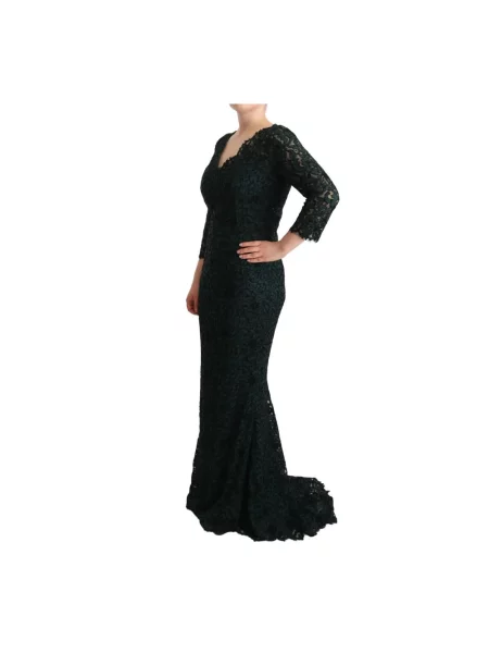 Długa sukienka maxi Dolce And Gabbana w kwiatki koronkowa zielona