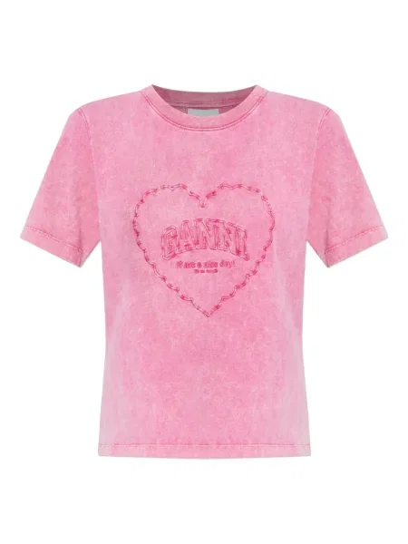 Tricou Ganni cu broderie cu motiv cu inimi roz