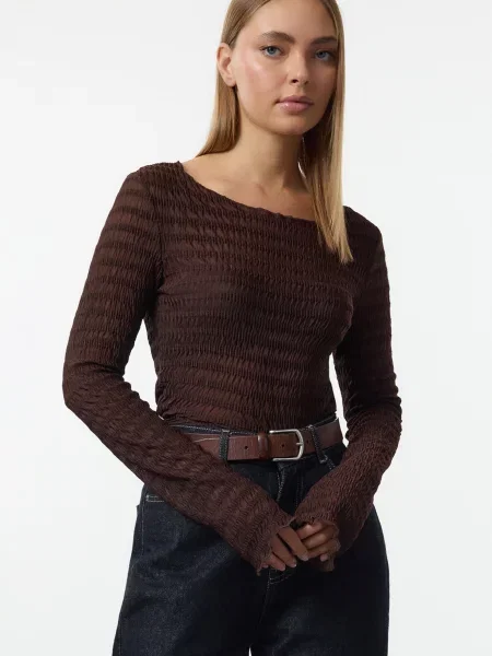 Trendyol Brown Fitted/Body-Smoothing Textured Tulle Flexible Knit Blouse καφέ