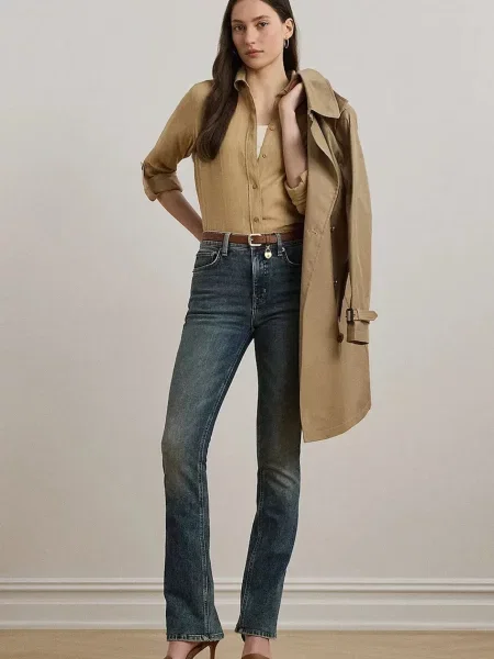 Lněná košile Lauren Ralph Lauren modrá regular s klasickým límcem béžová