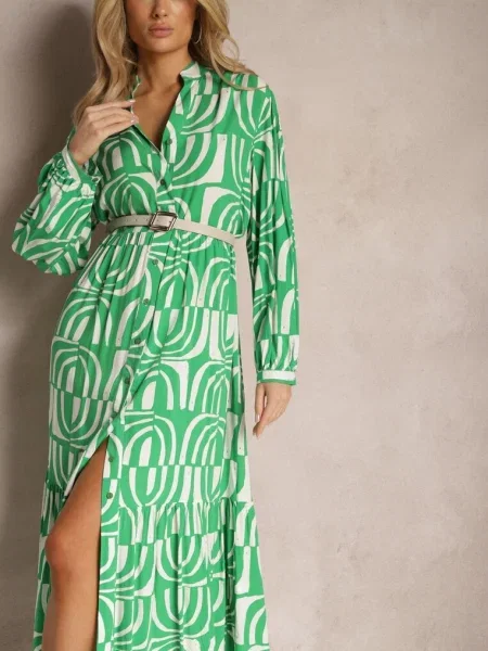 Długa Sukienka Rozkloszowana w Geometryczne Wzory z Kołnierzykiem Skulle zielona