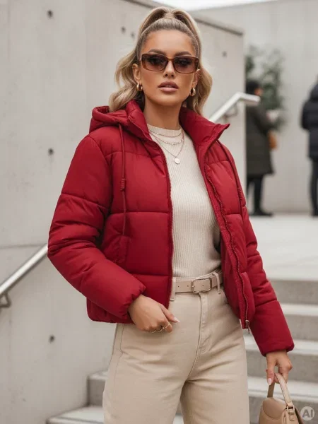 Kurtka zimowa krótka GLAMVO puchowa z kapturem bordowa Dstreet