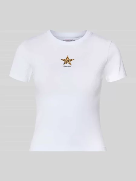 Koszulka z długim rękawem z mieszanki bawełny z naszywką z logo o kroju slim fit Guess Jeans biała