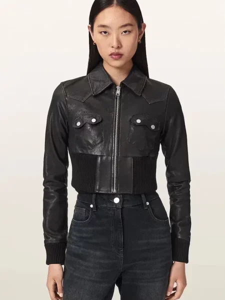 AllSaints jachetă scurtă pentru femei din piele LENA negru