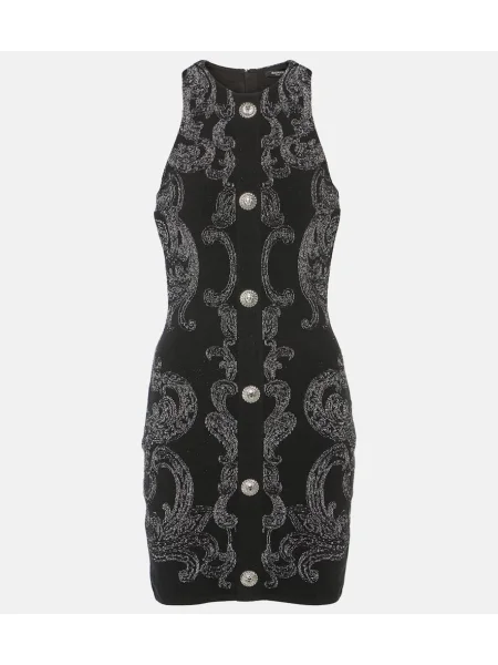 Rochie Balmain cu model paisley cu gât halter din jacard negru