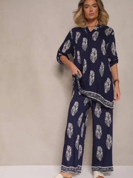 Komplet Oversize w Stylu Rustykalnym Długa Koszula i Szerokie Spodnie Mepilara granatowy