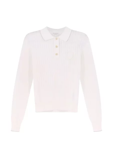 Tricou polo Brunello Cucinelli tricotate cu autograf alb