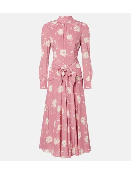 Rochie midi Alessandra Rich cu funde de mătase cu model floral roz