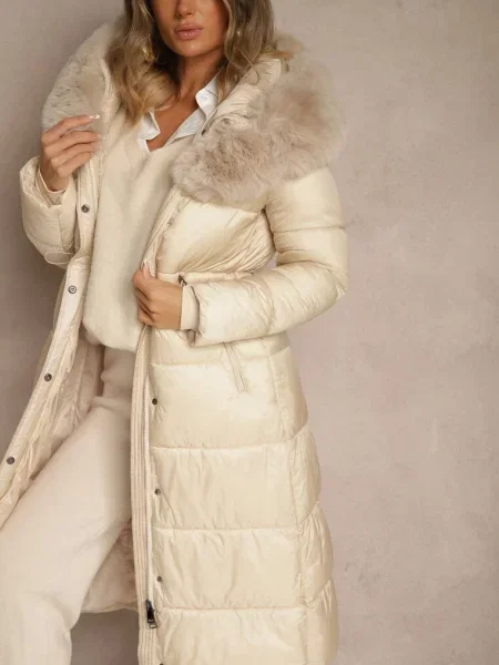 Puchowa Kurtka Pikowana o Długim Kroju z Kapturem z Futerkiem Bavea beżowa