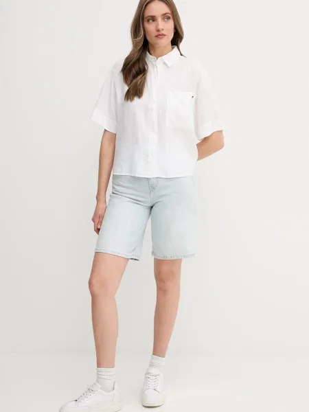 Tommy Hilfiger koszula lniana beżowy relaxed z kołnierzykiem klasycznym biała