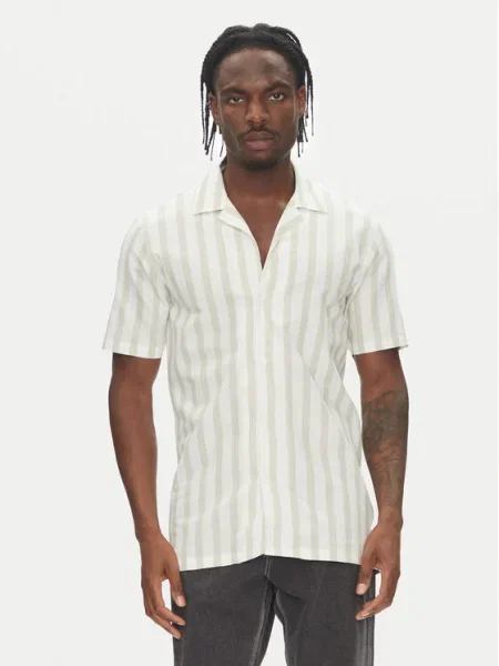 Риза с лен Lindbergh зелено със стандартна кройка с класическа яка бяло