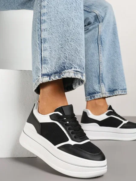 Czarno-Białe Sneakersy na Platformie z Tłoczoną Cholewką Callirae białe