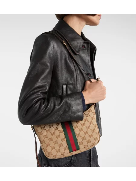 Plátěná malá crossbody kabelka Gucci béžová