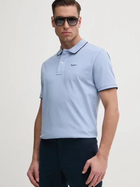 Тениска с яка Pepe Jeans Hans зелено с изчистен дизайн синьо