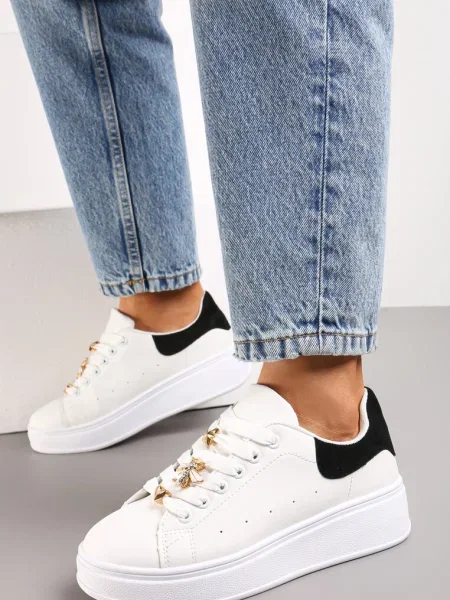 Sneakers Alb-Negru pe Platformă cu Inserție Metalică Grevaja alb