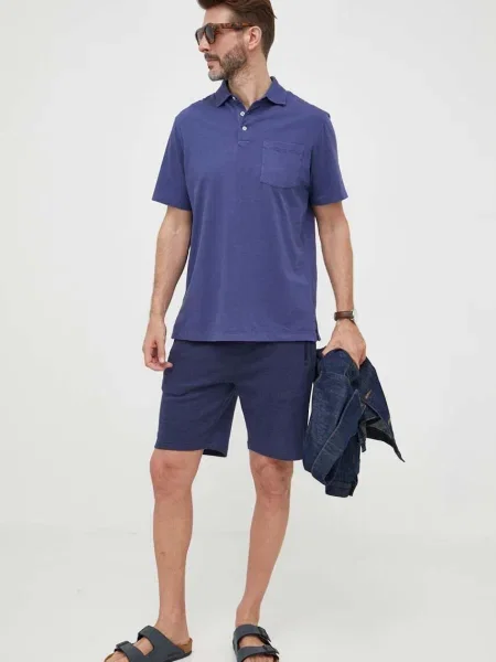Тениска с яка с лен Polo Ralph Lauren с изчистен дизайн тъмносиньо