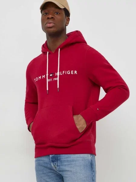 Суичър с качулка Tommy Hilfiger с качулка с апликация винено червено