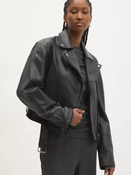 Кожено яке Answear Lab преходен модел с уголемена кройка черно