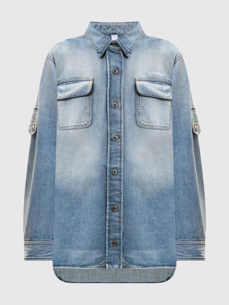 Джинсова сорочка з ефектом потертості Off-white блакитна