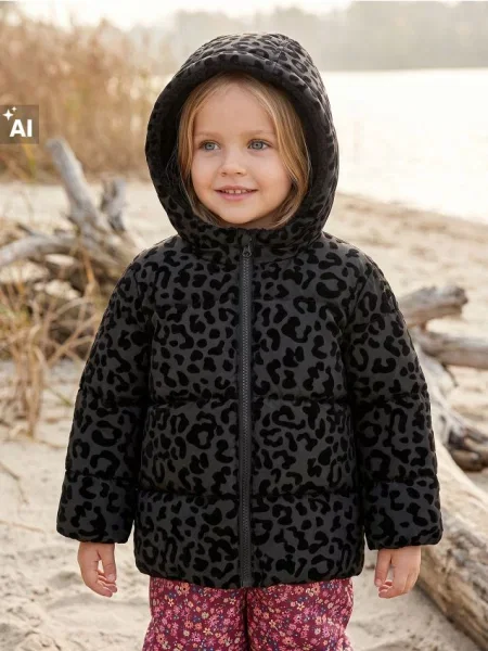 Sinsay Prošívaná Puffer Bunda S Kapucí A Leopardím Vzorem černá