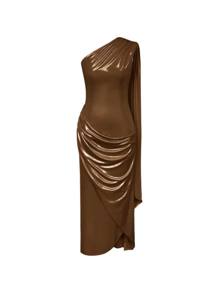 Rochie maxi Post Meridiem cu un umăr gol de costum maro