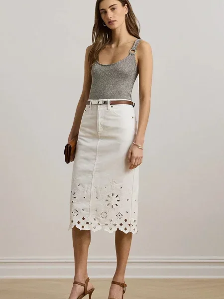 Дънкова пола Lauren Ralph Lauren среднодълга със стандартна кройка бяло