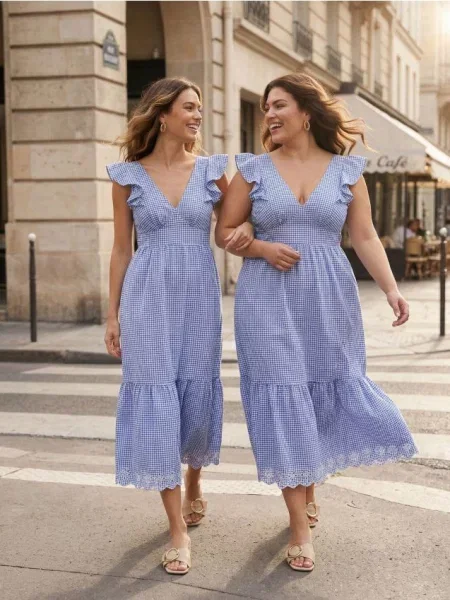 Сукня міді зі зборками та воланами у клітинку light blue синя