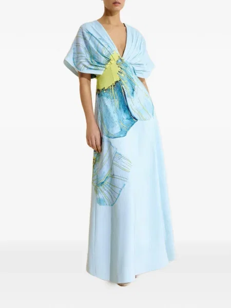 Sukienka maxi Acler w kwiatki z dekoltem w serek garniturowa niebieska