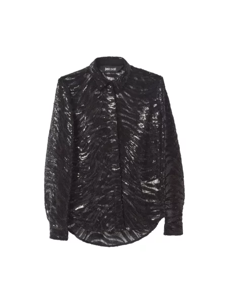 Koszula Just Cavalli z długim rękawem koronkowa w tygrysie prążki czarna