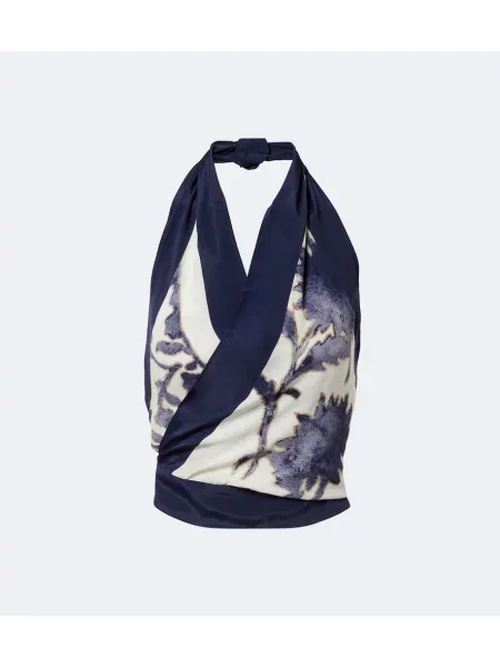 Top Sir cu model floral cu gât halter albastru