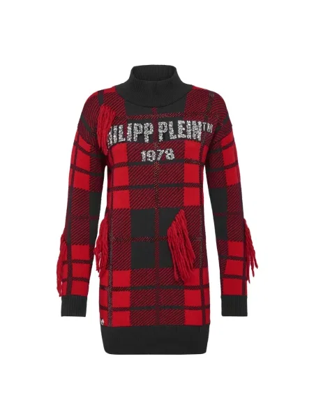 Sukienka Philipp Plein wełniana w kratę z okrągłym dekoltem czerwona