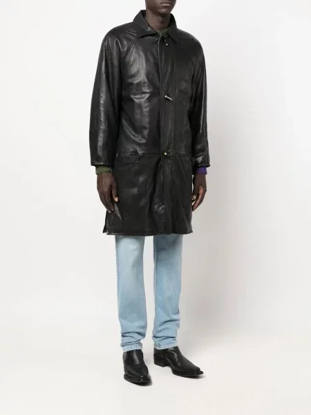 Kožený jednořadý kabát Versace Pre-owned černý