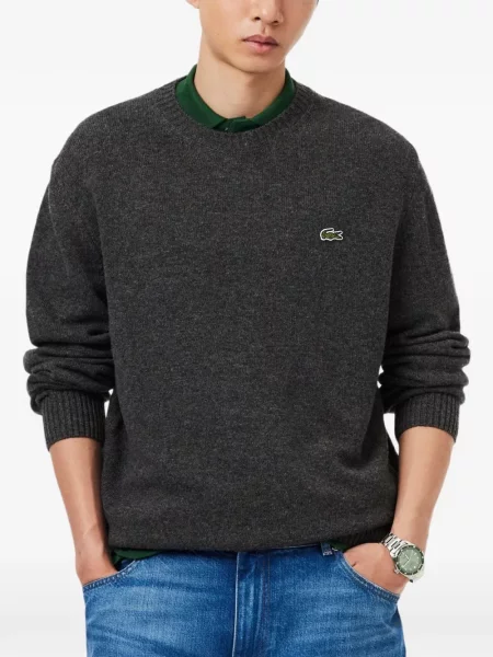 Pulover Lacoste cu decolteu rotund cu autograf gri