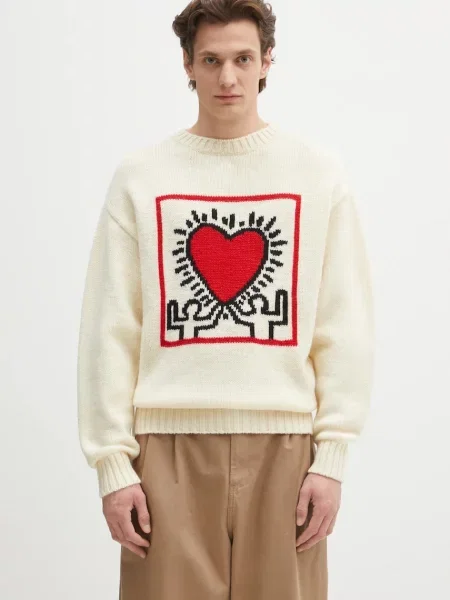 Μάλλινο πουλόβερ Wacko Maria x Keith Haring ανδρικό μπεζ