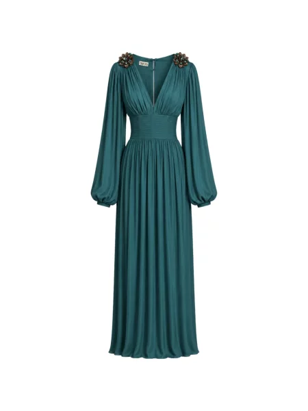 Rochie maxi Baruni cu model floral cu volane verde