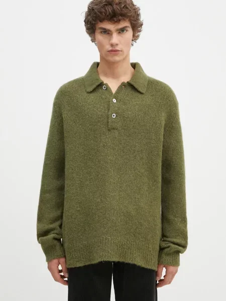 Vlněný svetr Norse Projects Rasmus Relaxed Brushed Polo pánský zelená
